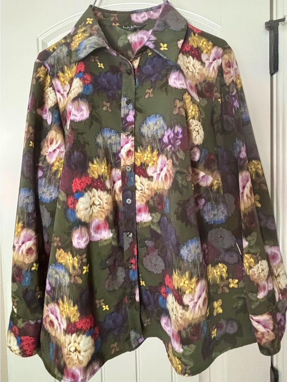 Nicole Miller Olive Green Floral Button-Up Blouse with Multicolor Blooms Size 1X
